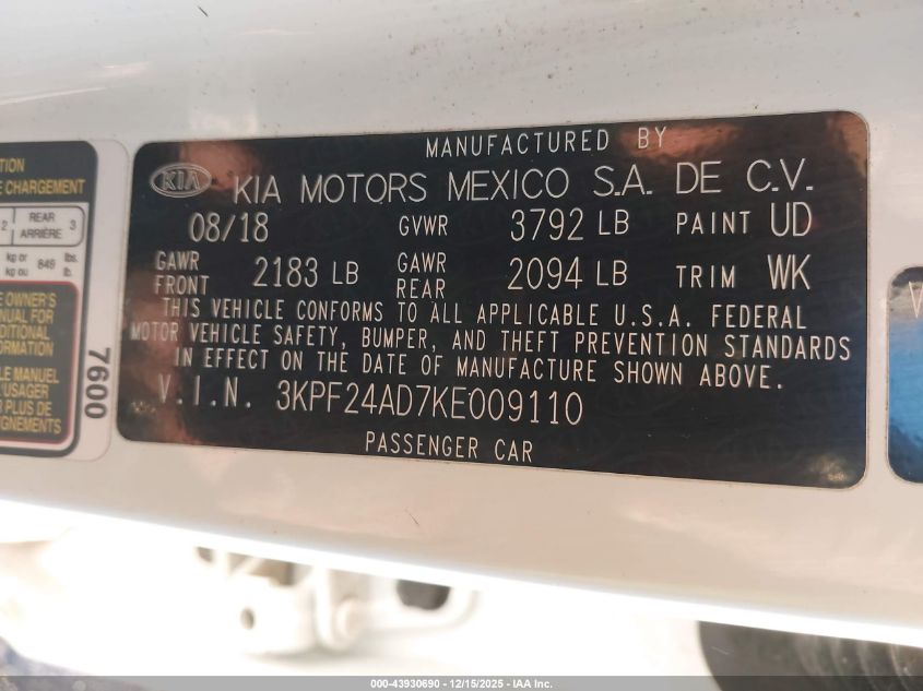 2019 Kia Forte Fe VIN: 3KPF24AD7KE009110 Lot: 43930690