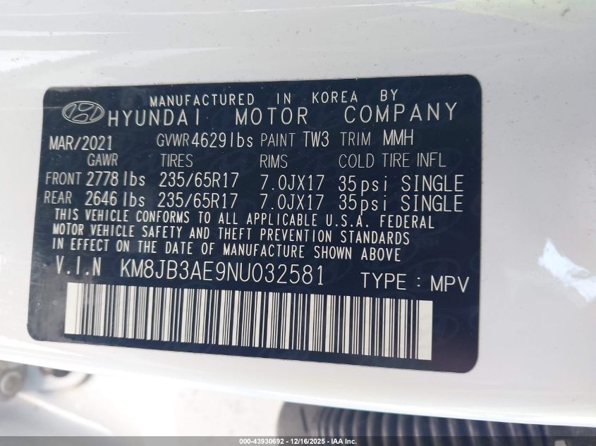 2022 Hyundai Tucson Sel VIN: KM8JB3AE9NU032581 Lot: 43930692