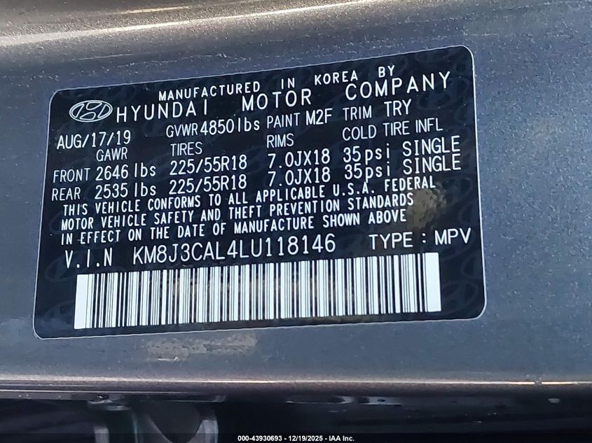 2020 Hyundai Tucson Ultimate VIN: KM8J3CAL4LU118146 Lot: 43930693