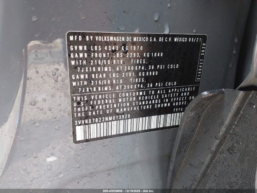 2022 Volkswagen Taos 1.5T Se VIN: 3VVRX7B22NM013929 Lot: 43930698