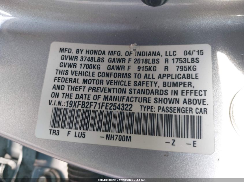 2015 Honda Civic Se VIN: 19XFB2F71FE254322 Lot: 43930699