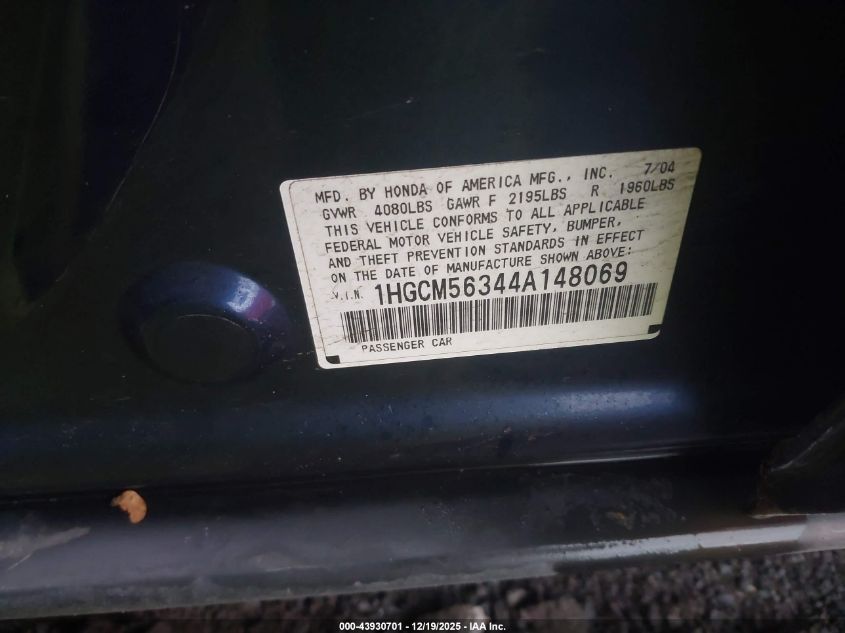 2004 Honda Accord 2.4 Lx VIN: 1HGCM56344A148069 Lot: 43930701