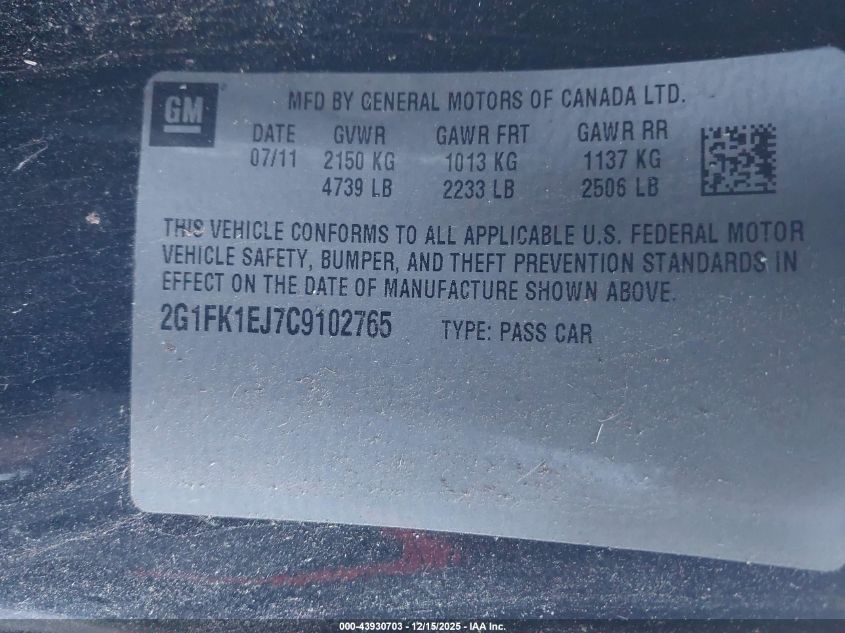 2012 Chevrolet Camaro 2Ss VIN: 2G1FK1EJ7C9102765 Lot: 43930703