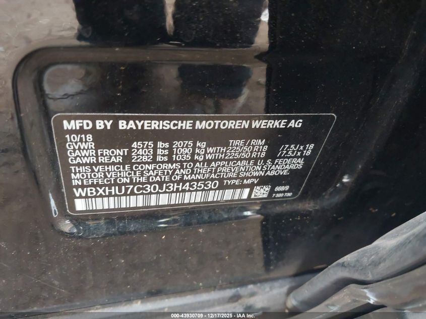 2018 BMW X1 Sdrive28I VIN: WBXHU7C30J3H43530 Lot: 43930709