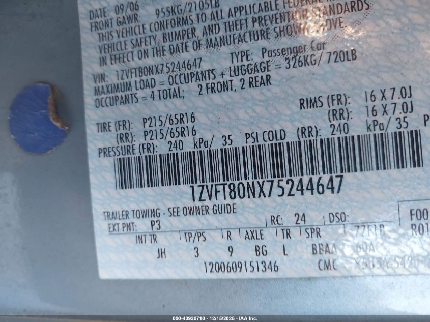 2007 Ford Mustang V6 Deluxe/V6 Premium VIN: 1ZVFT80NX75244647 Lot: 43930710