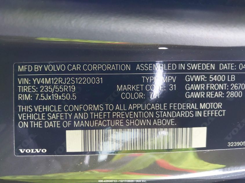 2025 Volvo Xc60 B5 Core VIN: YV4M12RJ2S1220031 Lot: 43930713