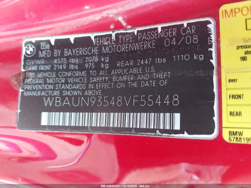 2008 BMW 135I VIN: WBAUN93548VF55448 Lot: 43930721
