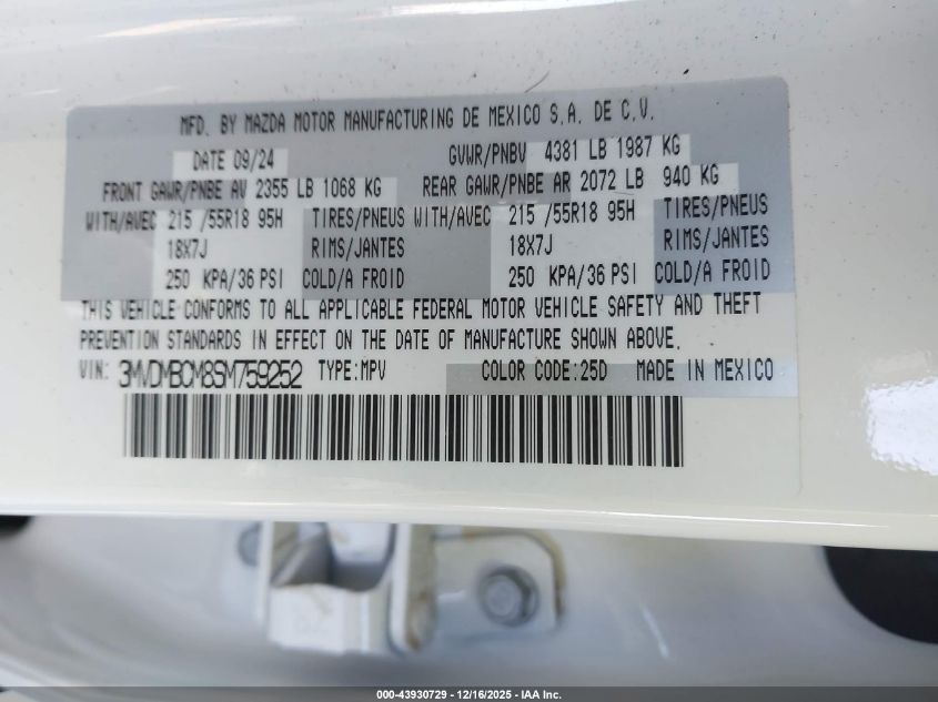 2025 Mazda Cx-30 2.5 S Preferred Package VIN: 3MVDMBCM8SM759252 Lot: 43930729