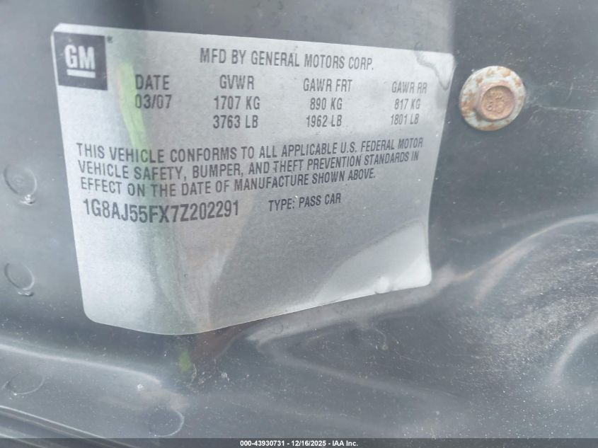 2007 Saturn Ion 2 VIN: 1G8AJ55FX7Z202291 Lot: 43930731