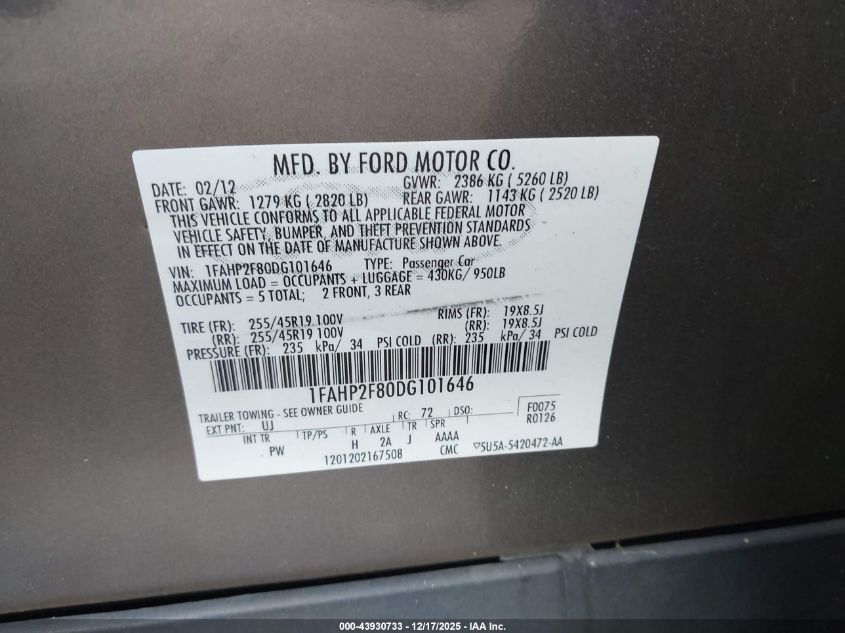 2013 Ford Taurus Limited VIN: 1FAHP2F80DG101646 Lot: 43930733