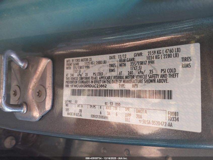 2013 Ford Escape Se VIN: 1FMCU0G95DUC23862 Lot: 43930734