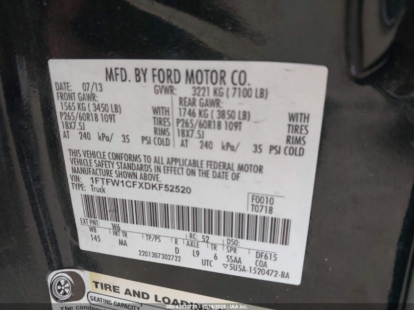 2013 Ford F-150 Xlt VIN: 1FTFW1CFXDKF52520 Lot: 43930739