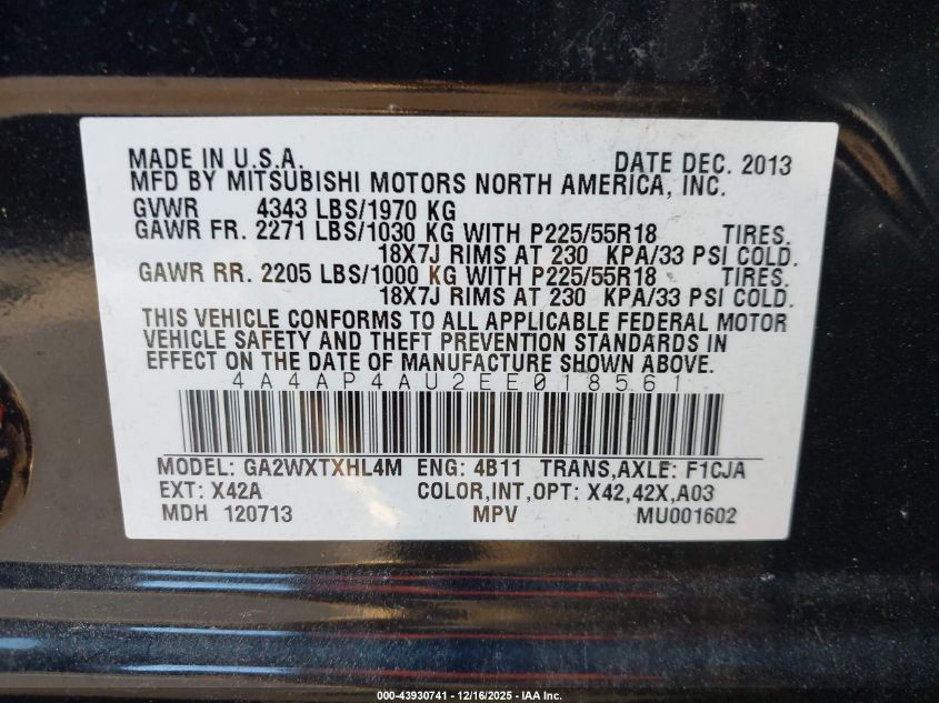 2014 Mitsubishi Outlander Sport Se VIN: 4A4AP4AU2EE018561 Lot: 43930741