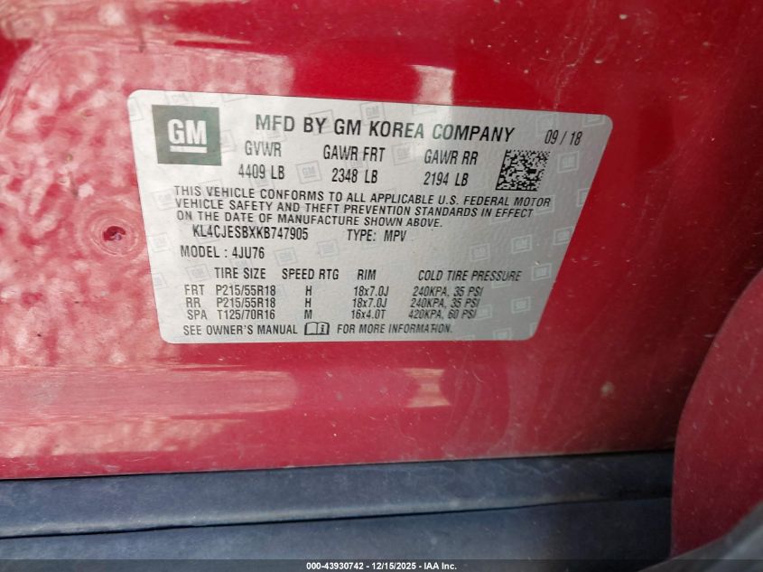 2019 Buick Encore Awd Preferred VIN: KL4CJESBXKB747905 Lot: 43930742