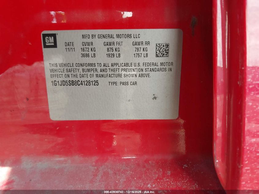 2012 Chevrolet Sonic 1Lt VIN: 1G1JD5SB8C4128125 Lot: 43930743