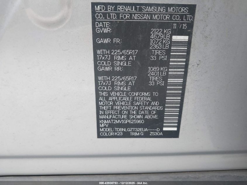 2016 Nissan Rogue Sv VIN: KNMAT2MV1GP625960 Lot: 43930753