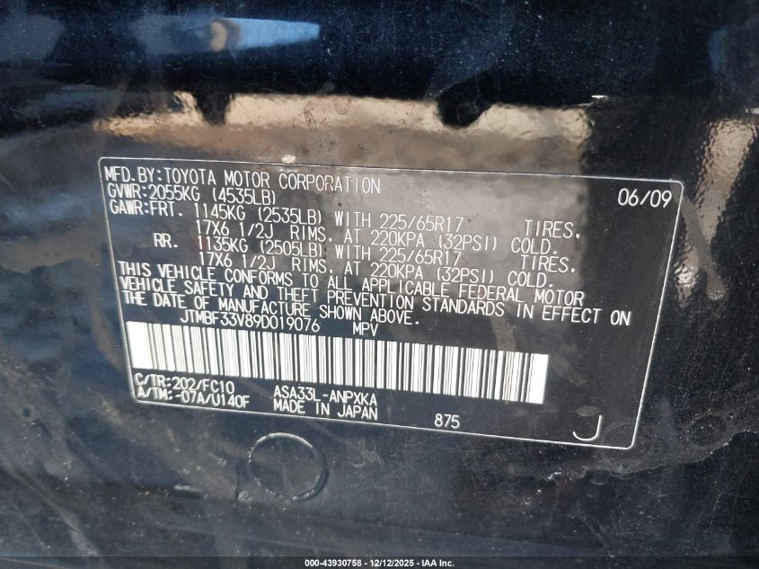 2009 Toyota Rav4 VIN: JTMBF33V89D019076 Lot: 43930758
