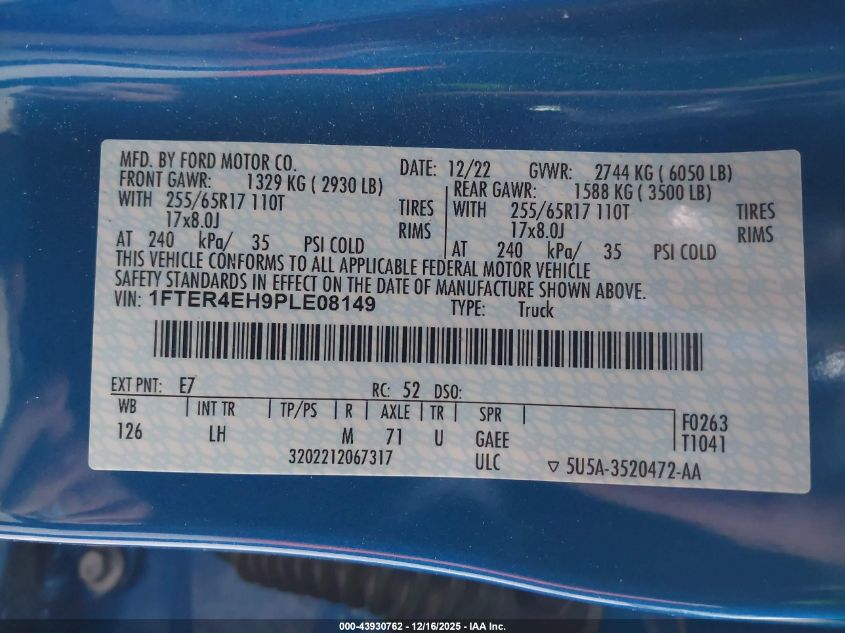 2023 Ford Ranger Xlt VIN: 1FTER4EH9PLE08149 Lot: 43930762