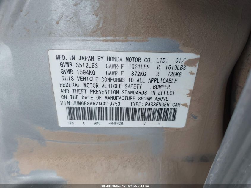 2010 Honda Fit Sport VIN: JHMGE8H62AC019753 Lot: 43930764
