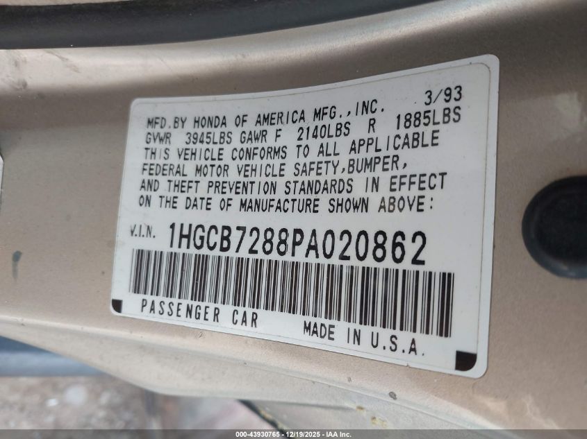 1993 Honda Accord Se VIN: 1HGCB7288PA020862 Lot: 43930765