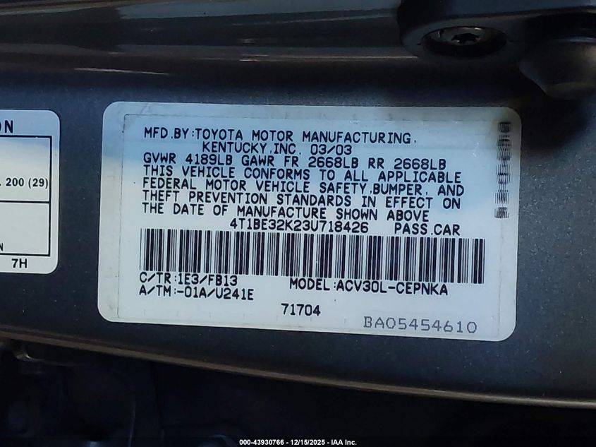 2003 Toyota Camry Le VIN: 4T1BE32K23U718426 Lot: 43930766