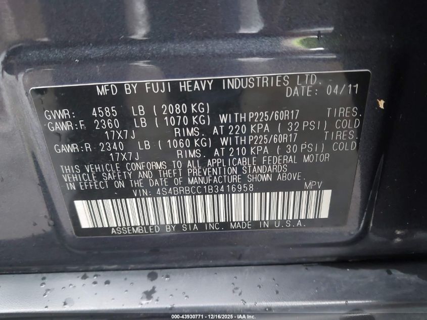 2011 Subaru Outback 2.5I Premium VIN: 4S4BRBCC1B3416958 Lot: 43930771