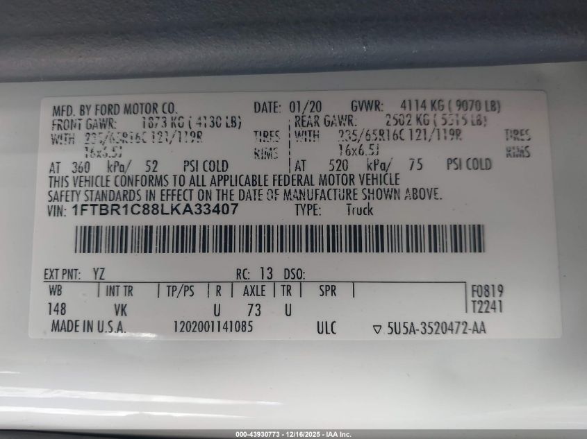 2020 Ford Transit-250 VIN: 1FTBR1C88LKA33407 Lot: 43930773