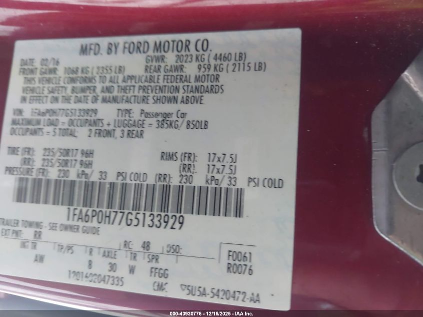 2016 Ford Fusion Se VIN: 1FA6P0H77G5133929 Lot: 43930776