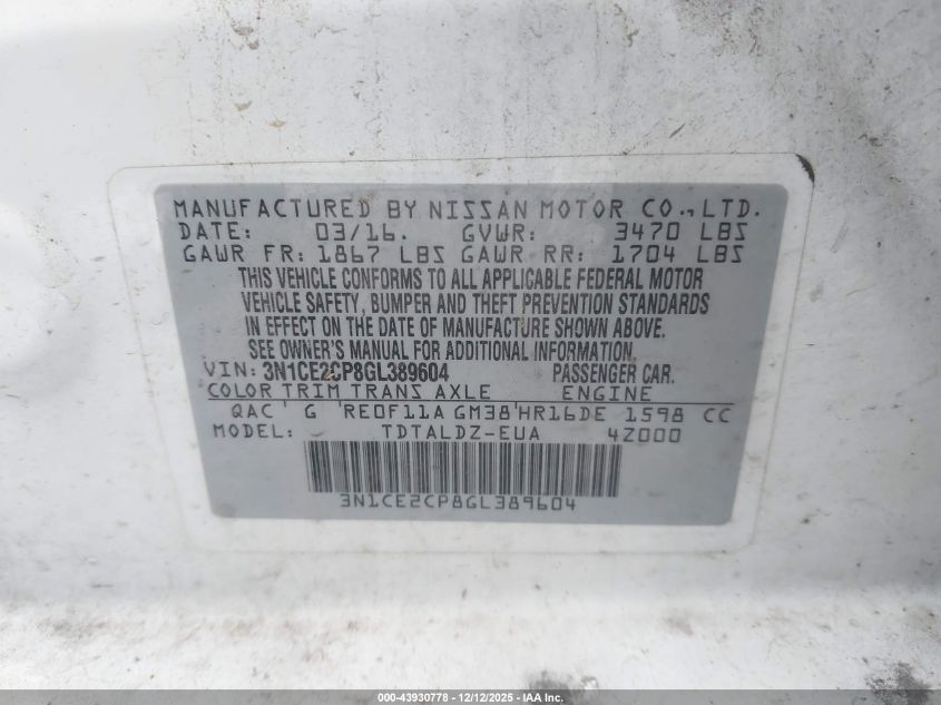 2016 Nissan Versa Note S (Sr)/S Plus/Sl/Sr/Sv VIN: 3N1CE2CP8GL389604 Lot: 43930778