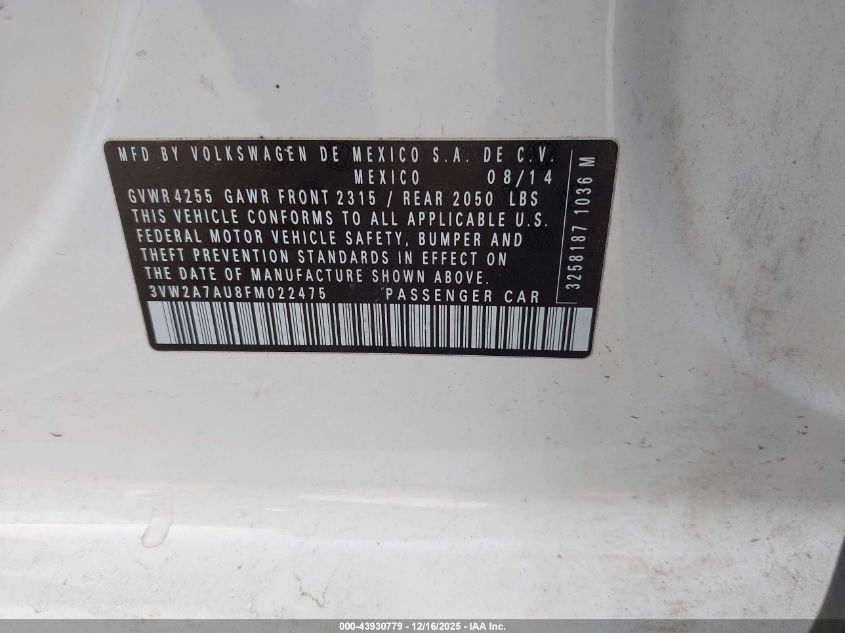 2015 Volkswagen Golf Tdi Se 4-Door VIN: 3VW2A7AU8FM022475 Lot: 43930779