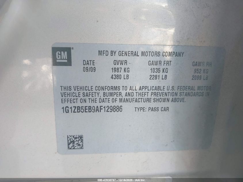 2010 Chevrolet Malibu Ls VIN: 1G1ZB5EB9AF129886 Lot: 43930787