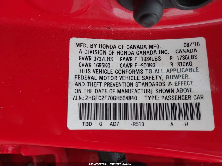 2016 Honda Civic Ex VIN: 2HGFC2F70GH564840 Lot: 43930788