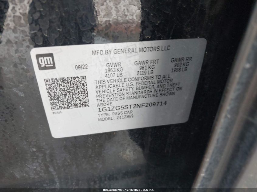 2022 Chevrolet Malibu Fwd Rs VIN: 1G1ZG5ST2NF209714 Lot: 43930790