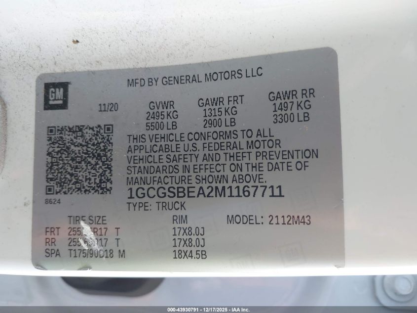 2021 Chevrolet Colorado 2Wd Short Box Wt VIN: 1GCGSBEA2M1167711 Lot: 43930791