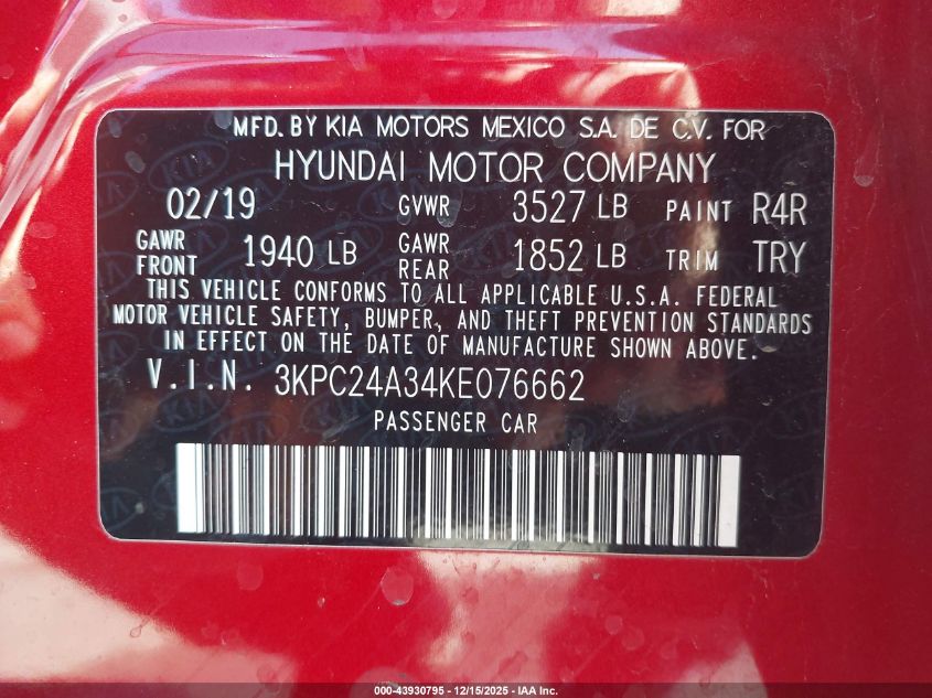 2019 Hyundai Accent Se VIN: 3KPC24A34KE076662 Lot: 43930795