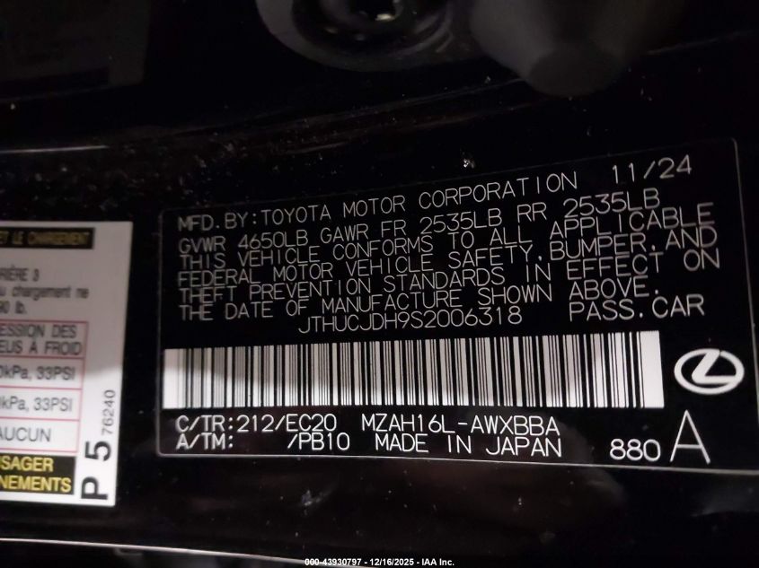 2025 Lexus Ux 300H Premium VIN: JTHUCJDH9S2006318 Lot: 43930797