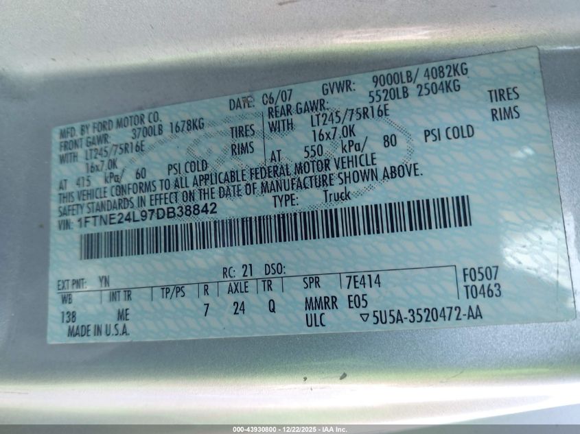 2007 Ford E-250 Commercial/Recreational VIN: 1FTNE24L97DB38842 Lot: 43930800