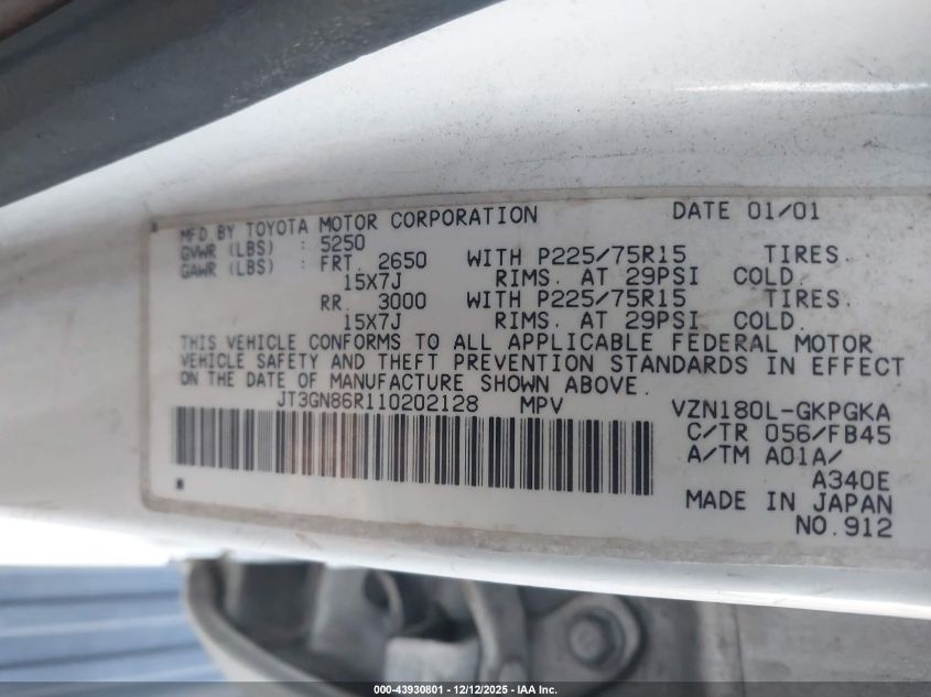 2001 Toyota 4Runner Sr5 V6 VIN: JT3GN86R110202128 Lot: 43930801