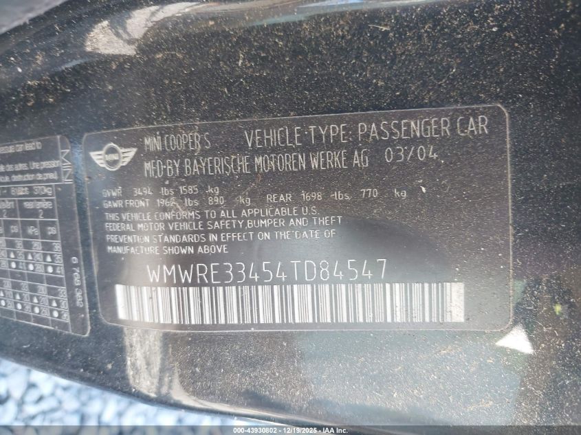 2004 Mini Cooper S VIN: WMWRE33454TD84547 Lot: 43930802