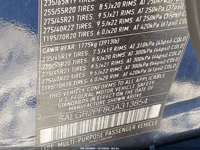 2016 Land Rover Range Rover 3.0L V6 Supercharged VIN: SALGR2PF8GA313854 Lot: 43930805