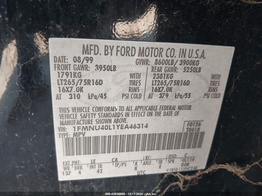 2000 Ford Excursion Xlt VIN: 1FMNU40L1YEA46314 Lot: 43930809