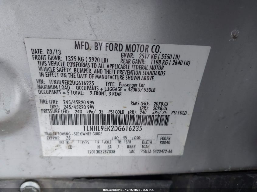 2013 Lincoln Mks VIN: 1LNHL9EK2DG616235 Lot: 43930813