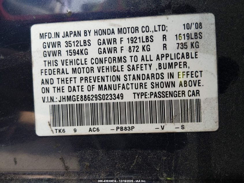 2009 Honda Fit Sport VIN: JHMGE88629S023349 Lot: 43930814