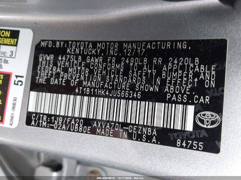 2018 Toyota Camry Le VIN: 4T1B11HK4JU566346 Lot: 43930819