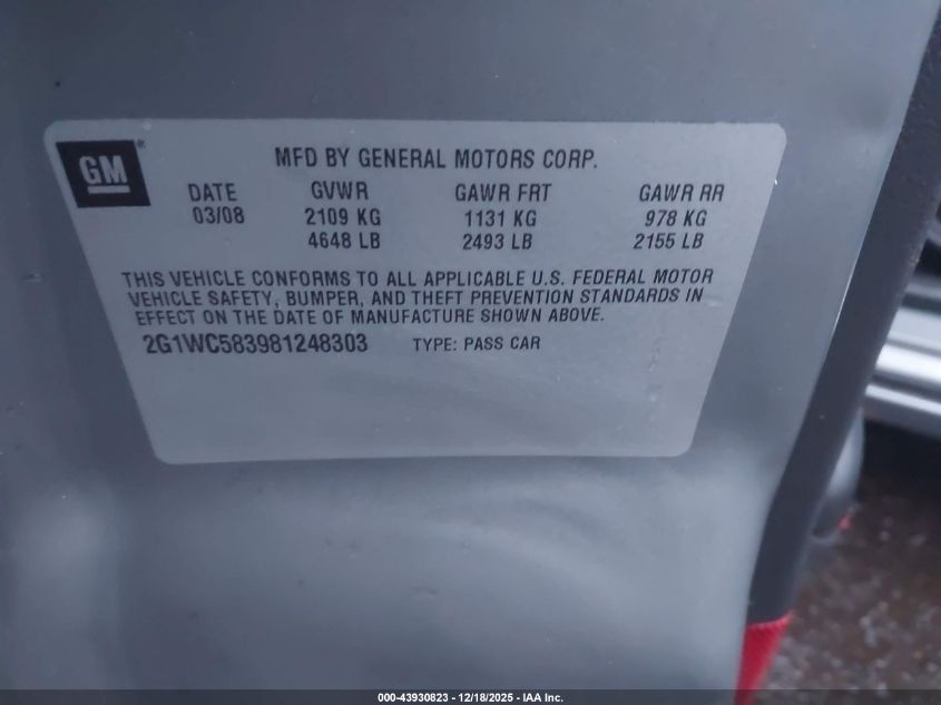 2008 Chevrolet Impala Lt VIN: 2G1WC583981248303 Lot: 43930823