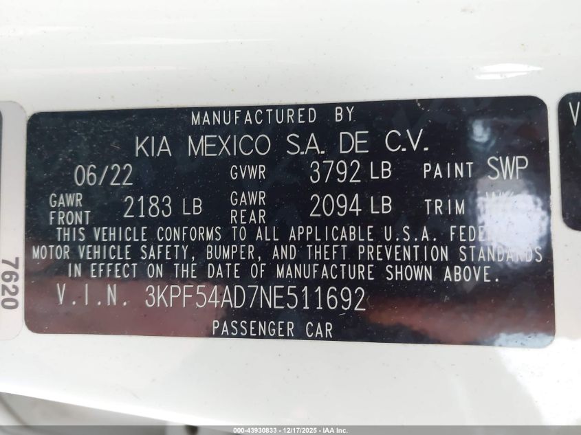 2022 Kia Forte Gt-Line VIN: 3KPF54AD7NE511692 Lot: 43930833