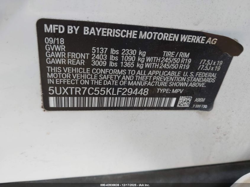 2019 BMW X3 Sdrive30I VIN: 5UXTR7C55KLF29448 Lot: 43930836