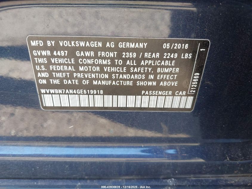 2016 Volkswagen Cc 2.0T Sport VIN: WVWBN7AN4GE519918 Lot: 43930839