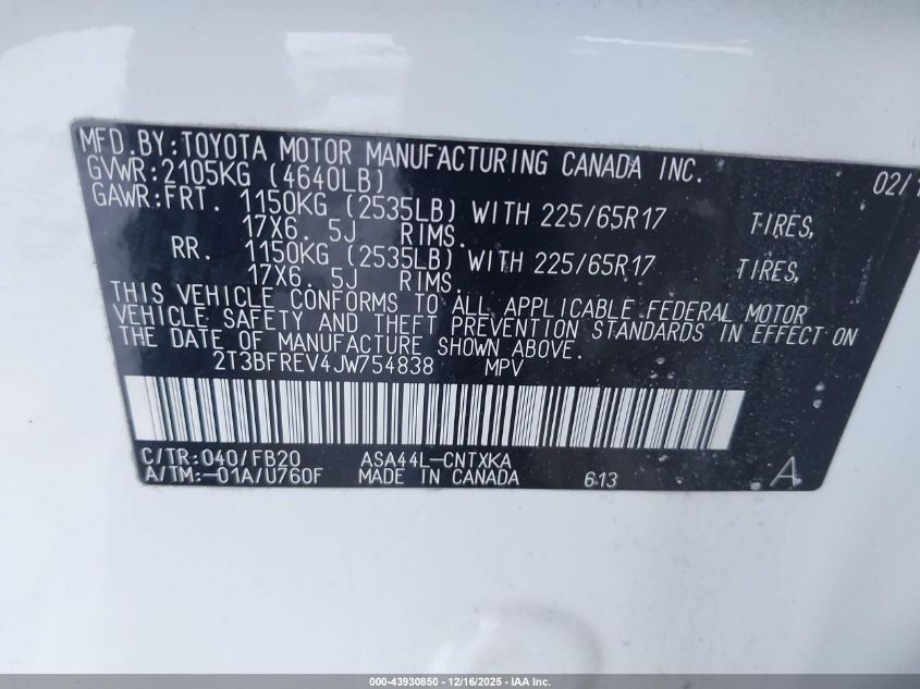 2018 Toyota Rav4 Le VIN: 2T3BFREV4JW754838 Lot: 43930850