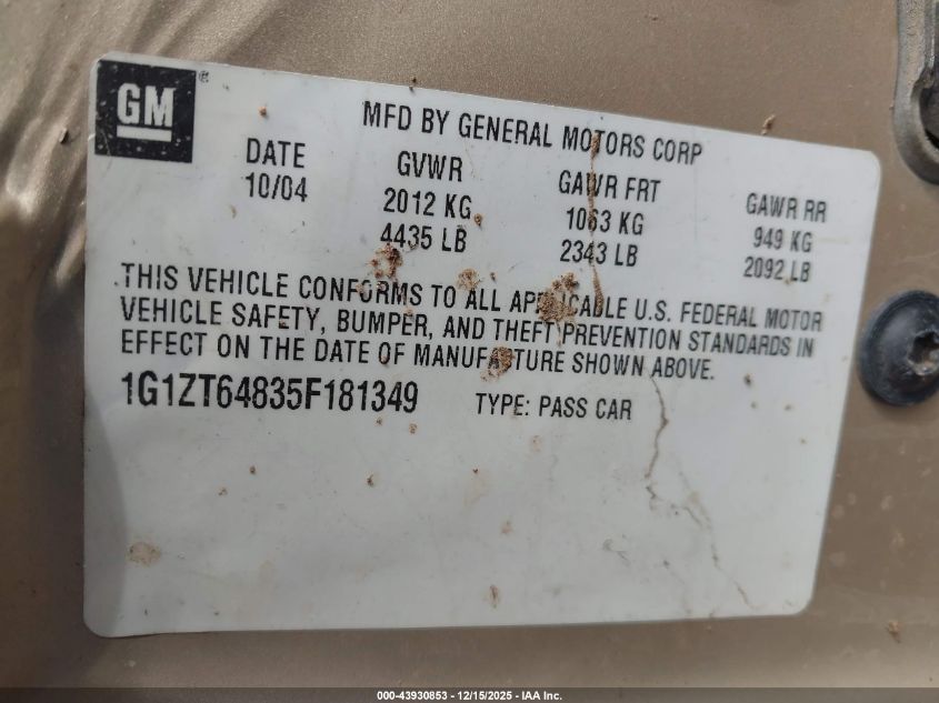 2005 Chevrolet Malibu Maxx Ls VIN: 1G1ZT64835F181349 Lot: 43930853